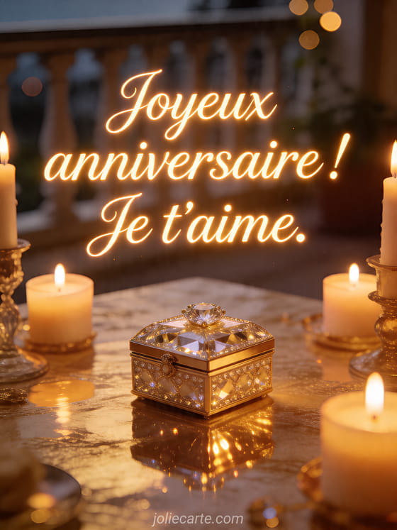 Visuel romantique d'anniversaire avec lumière douce, décor de fête et message d'amour.