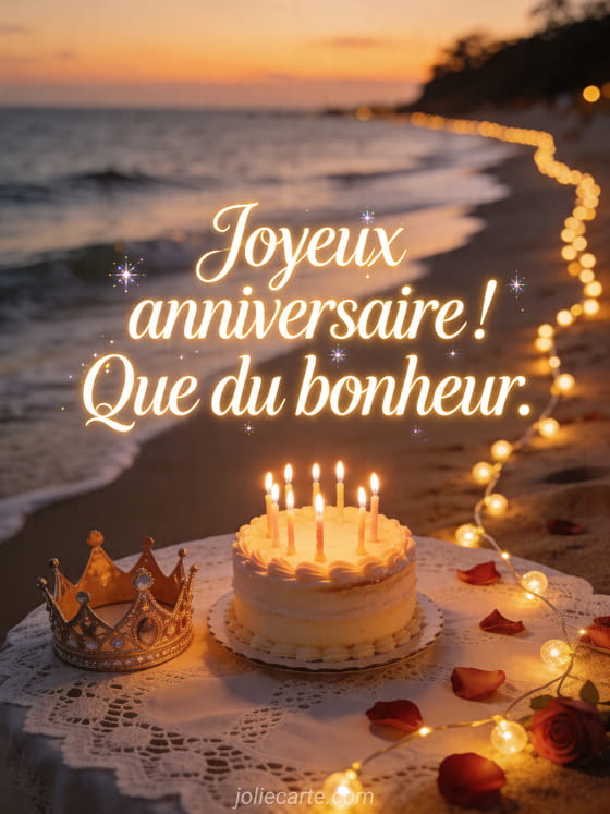 Visuel romantique d'anniversaire avec lumière douce, décor de fête et message d'amour.