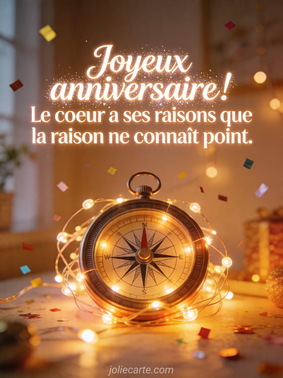 Visuel romantique d'anniversaire avec lumière douce, décor de fête et message d'amour.