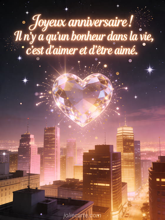 Visuel romantique d'anniversaire avec lumière douce, décor de fête et message d'amour.