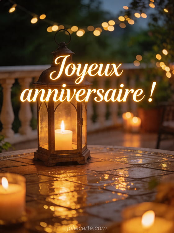 Visuel romantique d'anniversaire avec lumière douce, décor de fête et message d'amour.