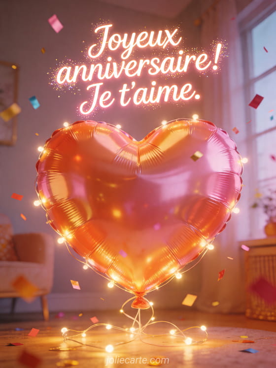 Visuel romantique d'anniversaire avec lumière douce, décor de fête et message d'amour.
