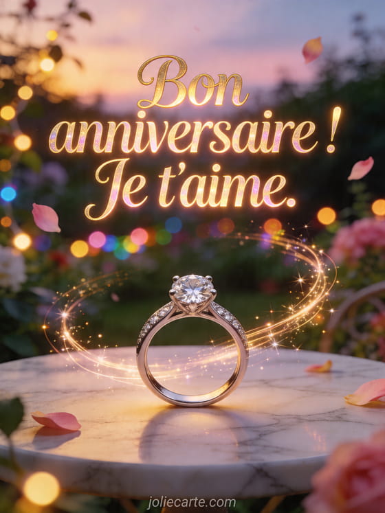 Visuel romantique d'anniversaire avec lumière douce, décor de fête et message d'amour.