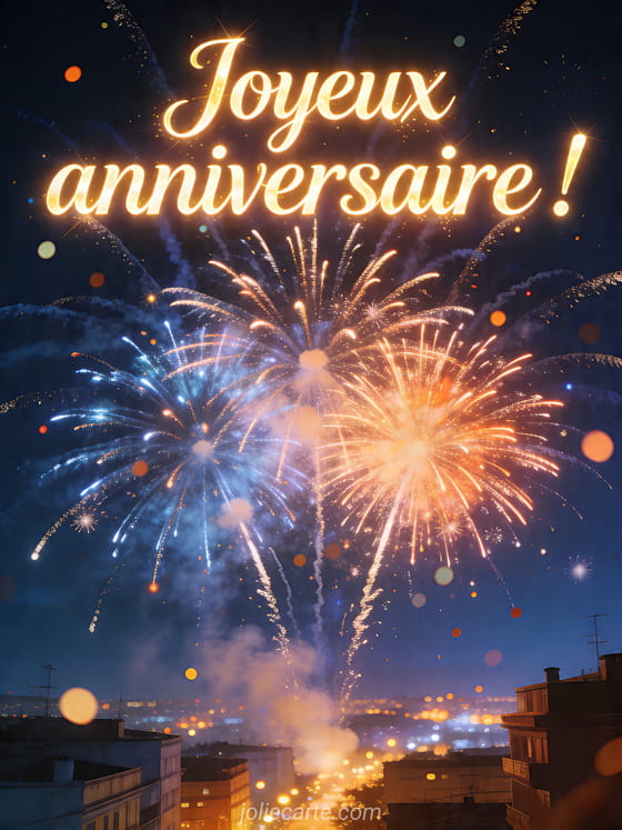 Visuel romantique d'anniversaire avec lumière douce, décor de fête et message d'amour.