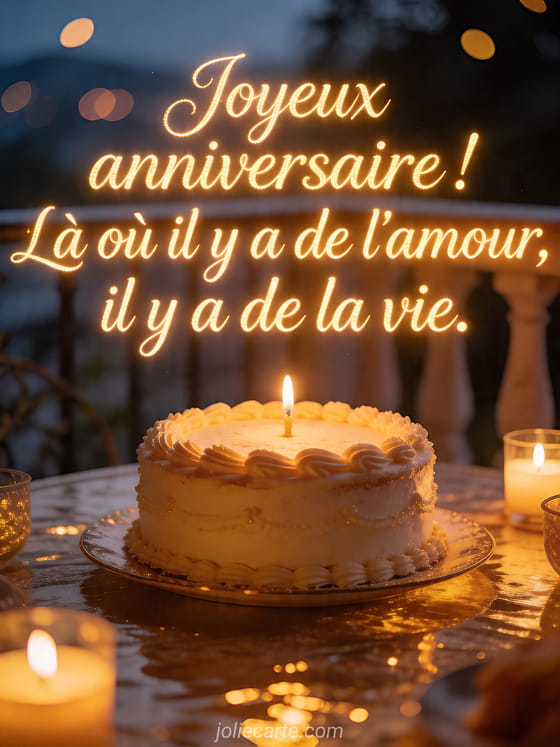 Visuel romantique d'anniversaire avec lumière douce, décor de fête et message d'amour.