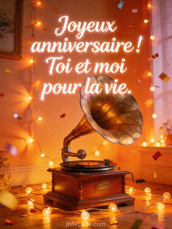 Visuel romantique d'anniversaire avec lumière douce, décor de fête et message d'amour.