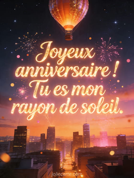 Visuel romantique d'anniversaire avec lumière douce, décor de fête et message d'amour.