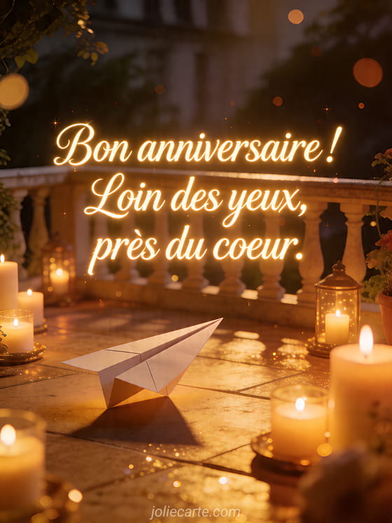 Visuel romantique d'anniversaire avec lumière douce, décor de fête et message d'amour.