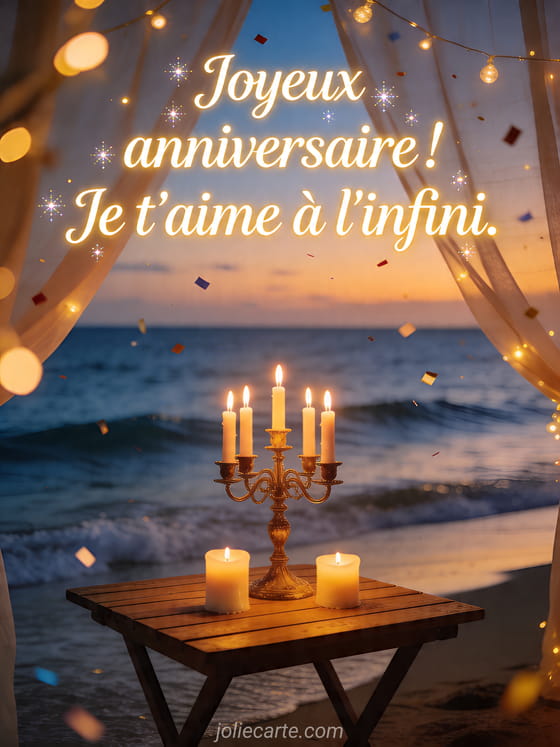 Visuel romantique d'anniversaire avec lumière douce, décor de fête et message d'amour.