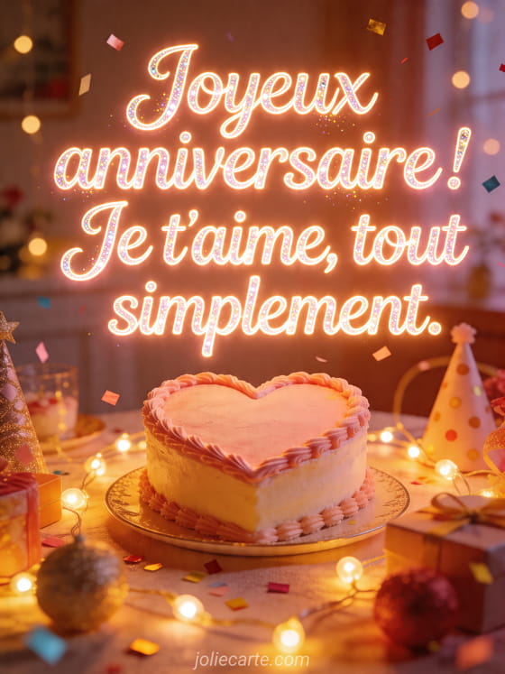 Visuel romantique d'anniversaire avec lumière douce, décor de fête et message d'amour.