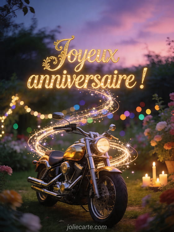 Visuel romantique d'anniversaire avec lumière douce, décor de fête et message d'amour.