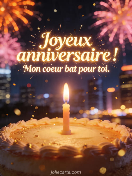 Visuel romantique d'anniversaire avec lumière douce, décor de fête et message d'amour.