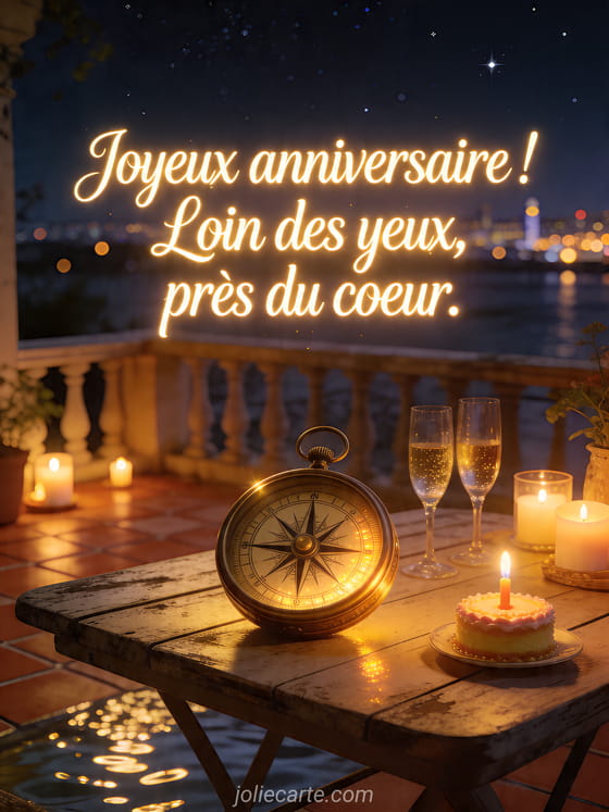 Visuel romantique d'anniversaire avec lumière douce, décor de fête et message d'amour.