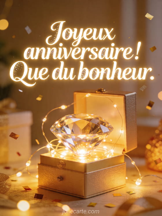 Visuel romantique d'anniversaire avec lumière douce, décor de fête et message d'amour.