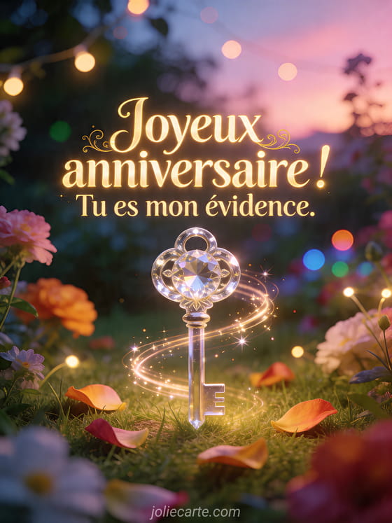 Visuel romantique d'anniversaire avec lumière douce, décor de fête et message d'amour.