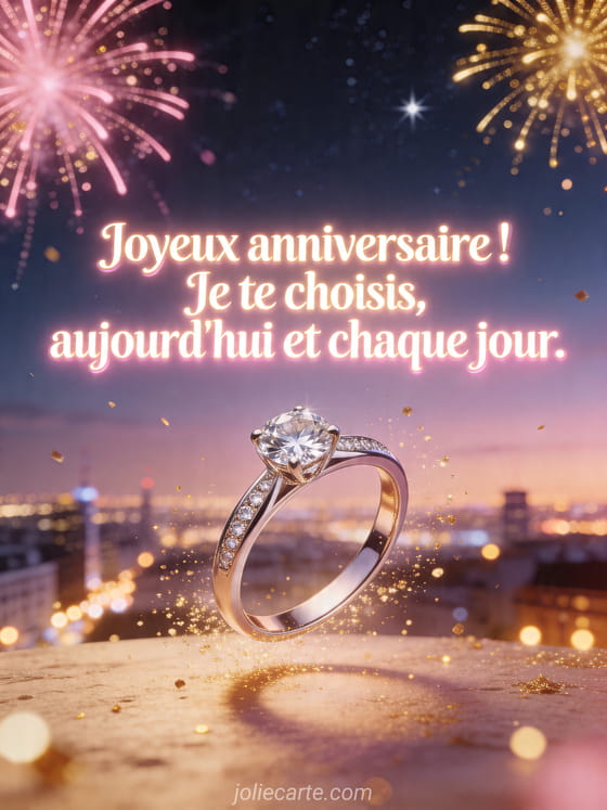 Visuel romantique d'anniversaire avec lumière douce, décor de fête et message d'amour.