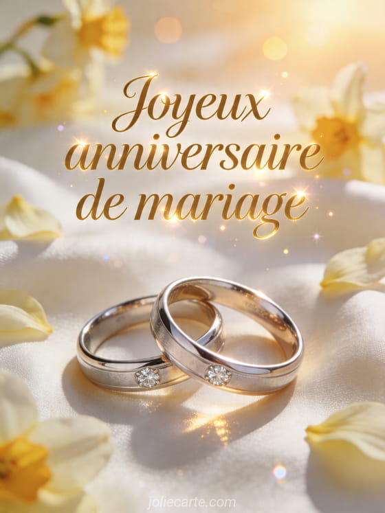 Deux alliances enlacees sur de la soie ivoire avec des petales de narcisse et le texte Joyeux anniversaire de mariage