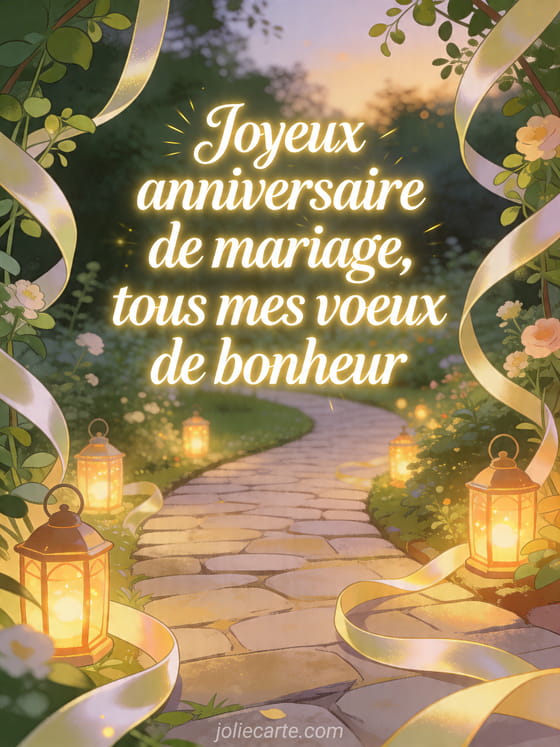 Jardin illustre avec lanternes et rubans, avec le texte Joyeux anniversaire de mariage, tous mes voeux de bonheur