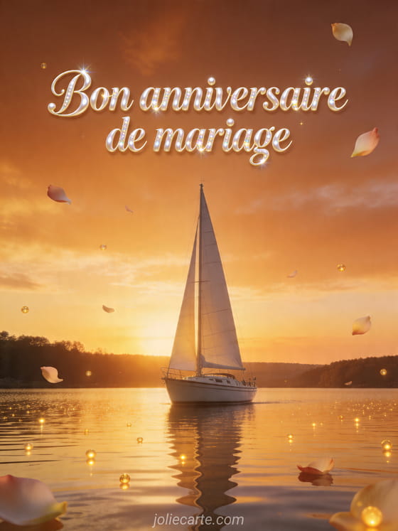 Voilier sur un lac au coucher du soleil avec des petales lumineux et le texte Bon anniversaire de mariage