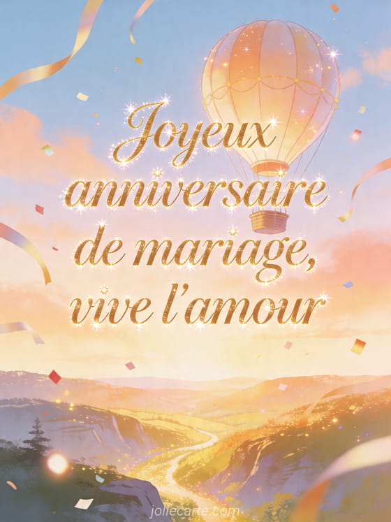 Montgolfiere au-dessus d'une vallee avec confettis et le texte Joyeux anniversaire de mariage, vive l'amour