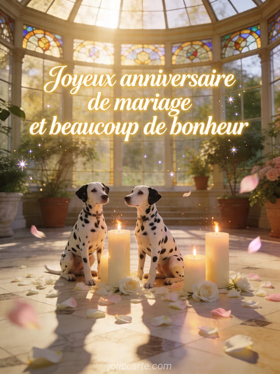 Deux chiens dalmatiens pres de bougies, avec le texte Joyeux anniversaire de mariage et beaucoup de bonheur