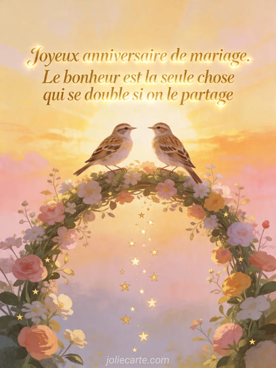 Deux oiseaux pipits sur une arche fleurie sous des etoiles dorees, avec le texte Joyeux anniversaire de mariage