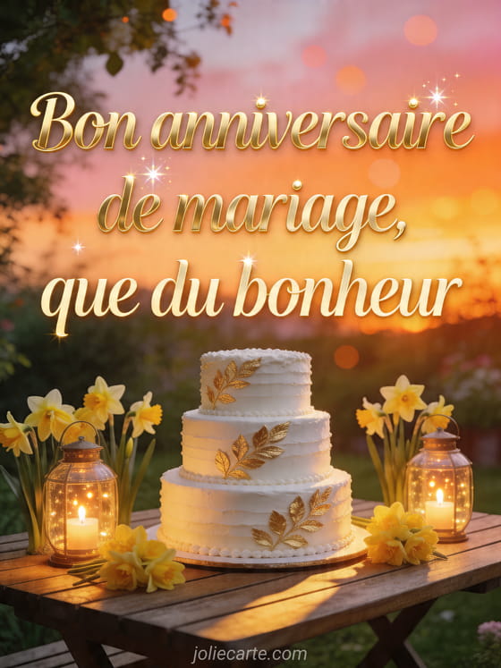 Gateau d'anniversaire avec jonquilles et lanternes, avec le texte Bon anniversaire de mariage, que du bonheur