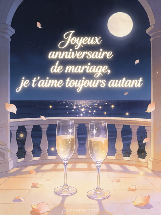 Terrasse au clair de lune avec deux flutes de champagne et le texte Joyeux anniversaire de mariage, je t'aime toujours autant