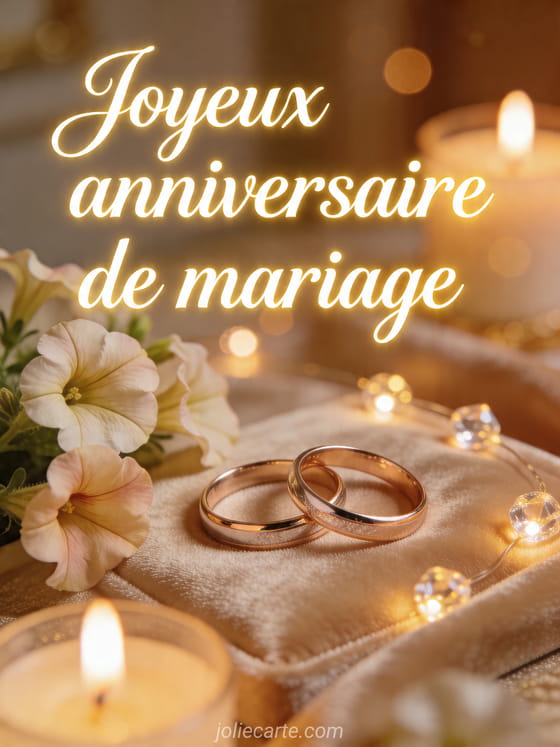 Deux alliances entrelacees sur velours avec petunias et petites lumieres, texte Joyeux anniversaire de mariage