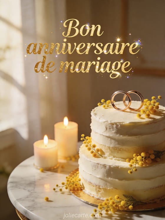 Gateau d'anniversaire avec alliances entrelacees, fleurs de mimosa et bougies, texte Bon anniversaire de mariage