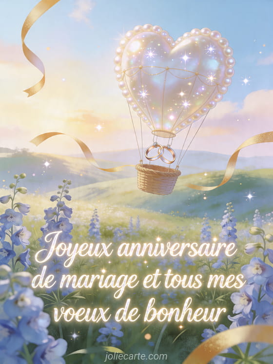 Montgolfiere coeur avec alliances au-dessus d'un champ de delphiniums, texte Joyeux anniversaire de mariage