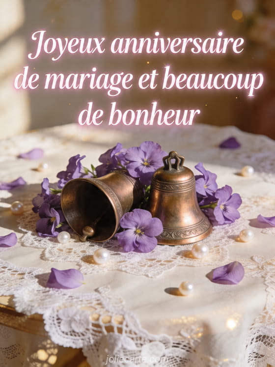 Deux cloches de mariage bronze parmi des violettes et des perles sur dentelle, texte Joyeux anniversaire de mariage