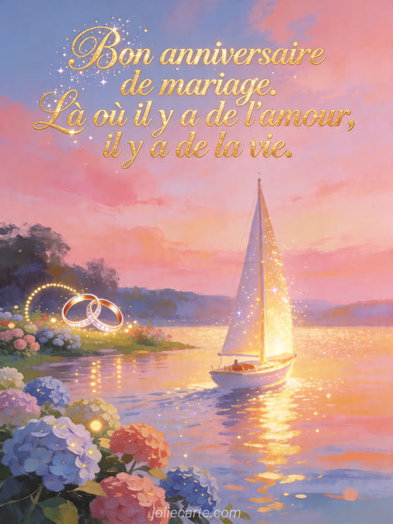 Voilier lumineux sur un lac vers un jardin d'hortensias avec lumieres en alliances, texte Bon anniversaire de mariage