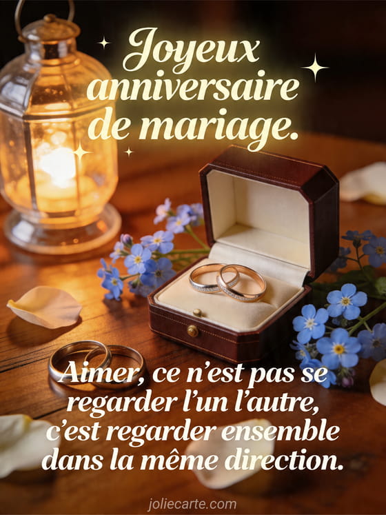 Boite a bijoux ouverte avec alliances, myosotis et lanterne en verre, texte Joyeux anniversaire de mariage