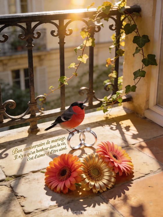 Oiseau bouvreuil pres d'alliances entrelacees parmi des gerberas sur un balcon, texte Bon anniversaire de mariage