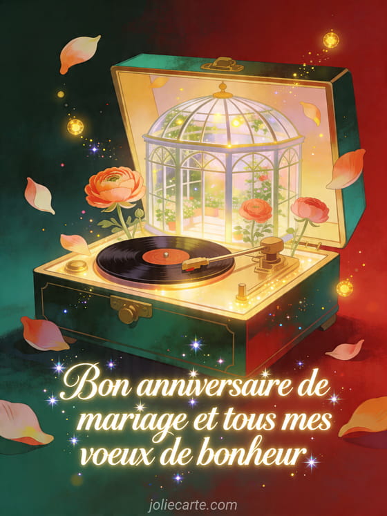 Boite a musique ouverte avec petales de renoncule et lumieres dorees, texte Bon anniversaire de mariage
