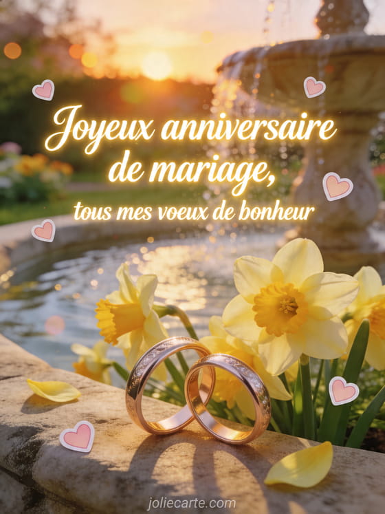Alliances entrelacees parmi des jonquilles pres d'une fontaine avec le texte Joyeux anniversaire de mariage