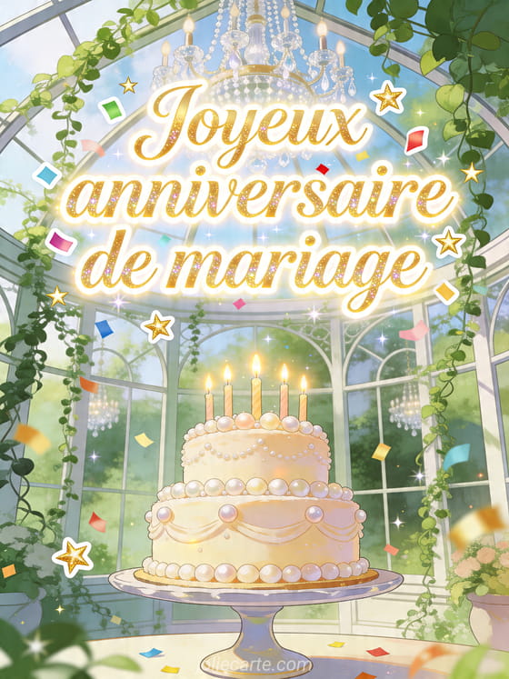 Gateau d'anniversaire de mariage dans une verriere fleurie avec le texte Joyeux anniversaire de mariage