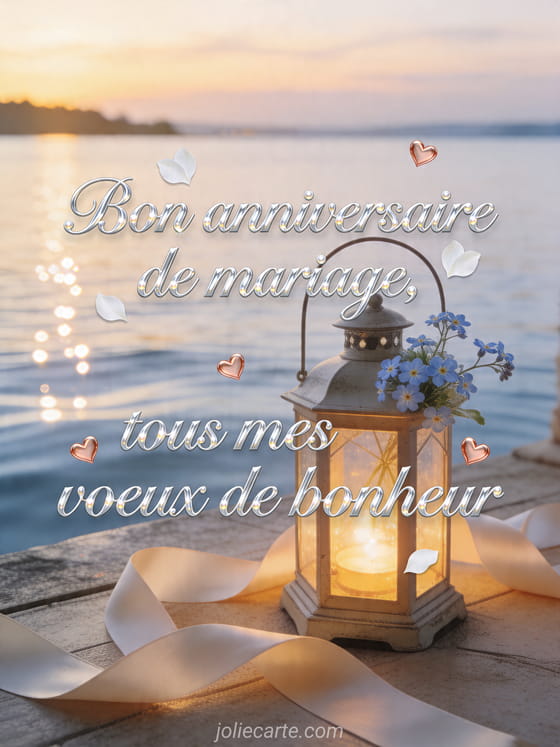 Lanterne lumineuse entouree de myosotis au bord d'un lac avec le texte Bon anniversaire de mariage