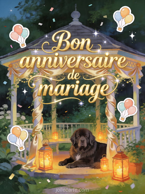 Chien terre-neuve pres d'un kiosque de jardin illumine avec le texte Bon anniversaire de mariage