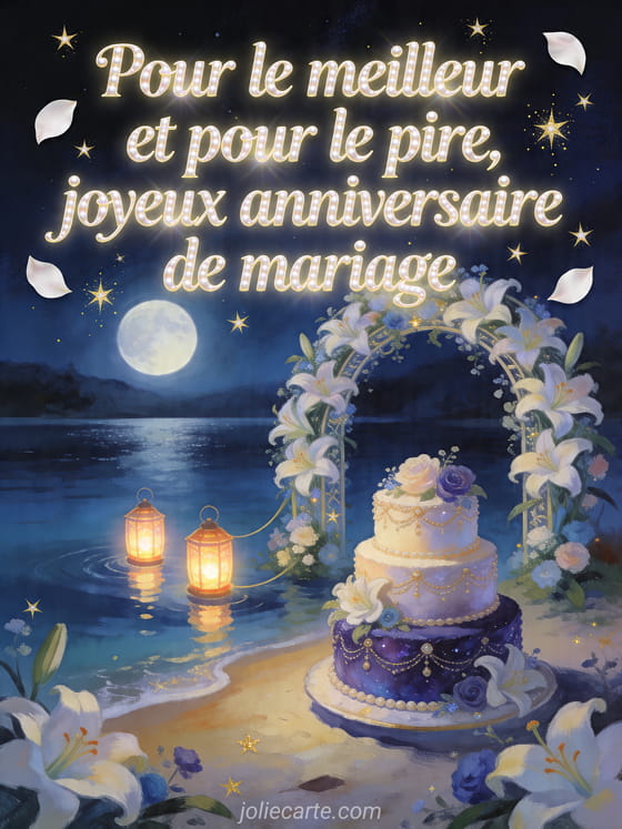 Lac au clair de lune avec lanternes, lys et gateau d'anniversaire de mariage