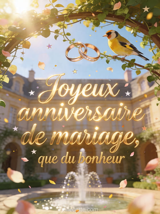 Oiseau chardonneret pres d'alliances sous une arche fleurie avec le texte Joyeux anniversaire de mariage