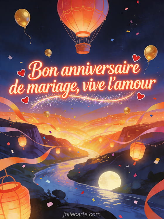 Montgolfiere au-dessus d'une vallee et d'une riviere illuminee avec le texte Bon anniversaire de mariage