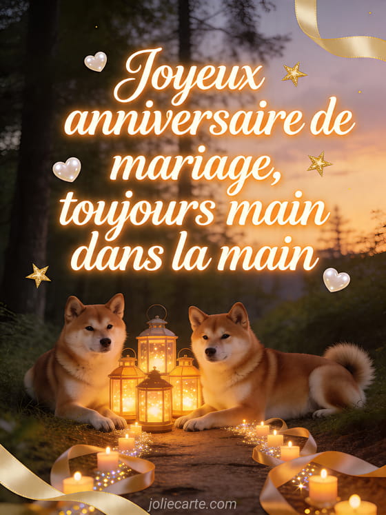 Deux chiens akita inu sur un sentier de foret eclaire de lanternes avec le texte Joyeux anniversaire de mariage