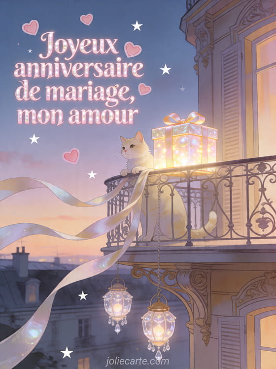 Chat creme sur un balcon pres d'un cadeau lumineux avec le texte Joyeux anniversaire de mariage