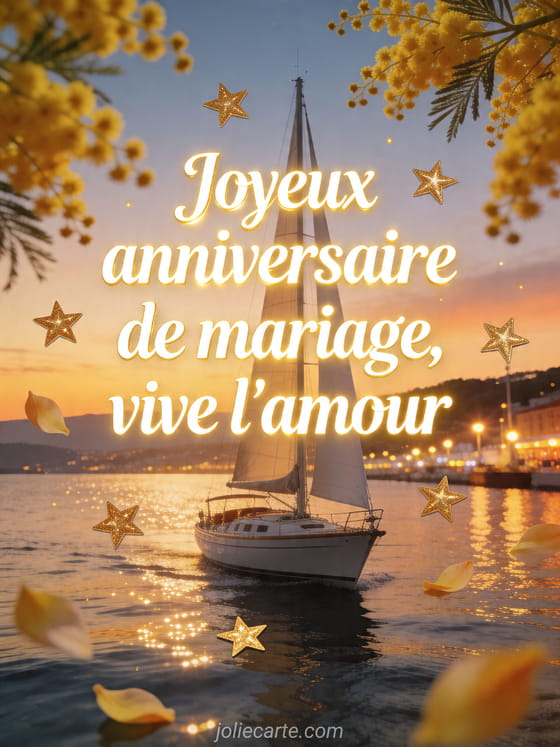 Voilier sur une baie au coucher du soleil entoure de mimosas avec le texte Joyeux anniversaire de mariage
