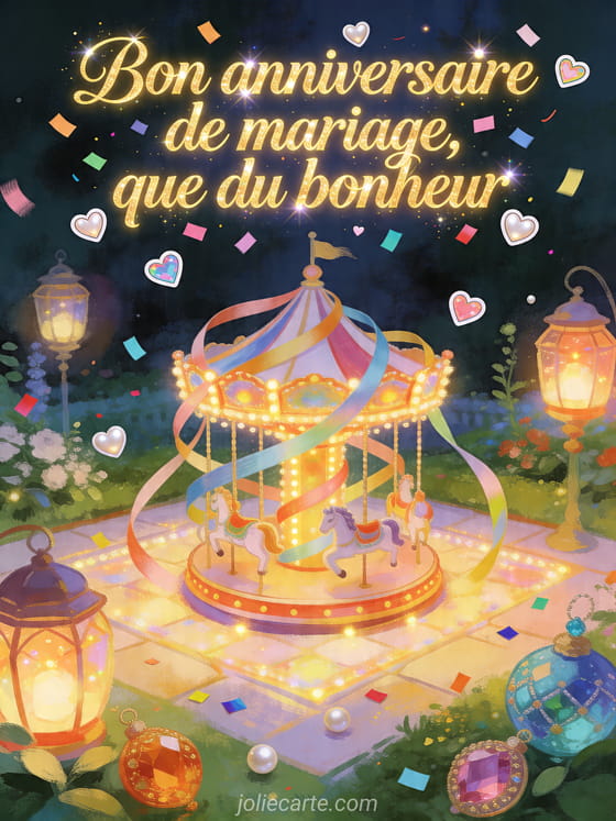 Carrousel de rubans et lanternes dans un jardin avec le texte Bon anniversaire de mariage