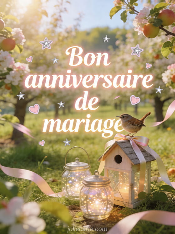 Oiseau troglodyte sur un nichoir dans un verger avec le texte Bon anniversaire de mariage