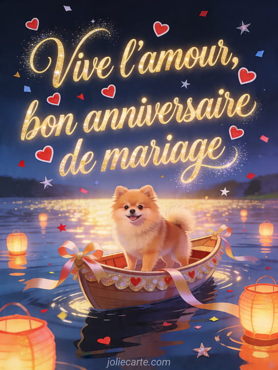 Chien pomeranien dans un bateau sur un lac illumine avec le texte Vive l'amour, bon anniversaire de mariage