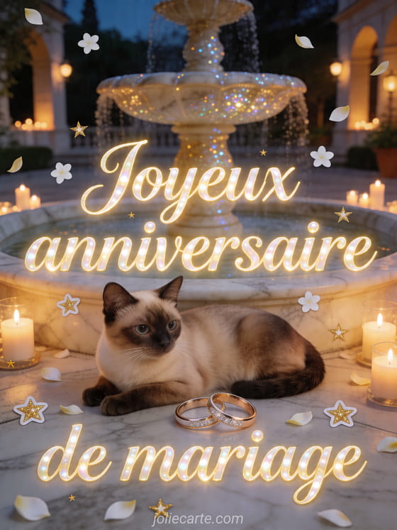 Chat exotic shorthair pres d'alliances et d'une fontaine avec le texte Joyeux anniversaire de mariage
